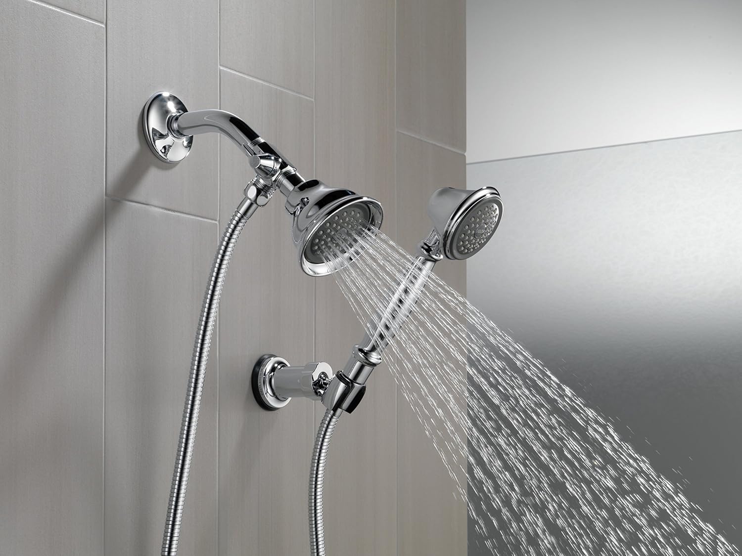 Waterpik High Pressure Powerpulse Massage Hand Held, 2.5 GPM, Chrome Detachable Shower head with 7 Spray Settings and 5' Hose, XRO-763 & Delta Shower Arm Diverter for Hand Shower, Chrome Pack of 2