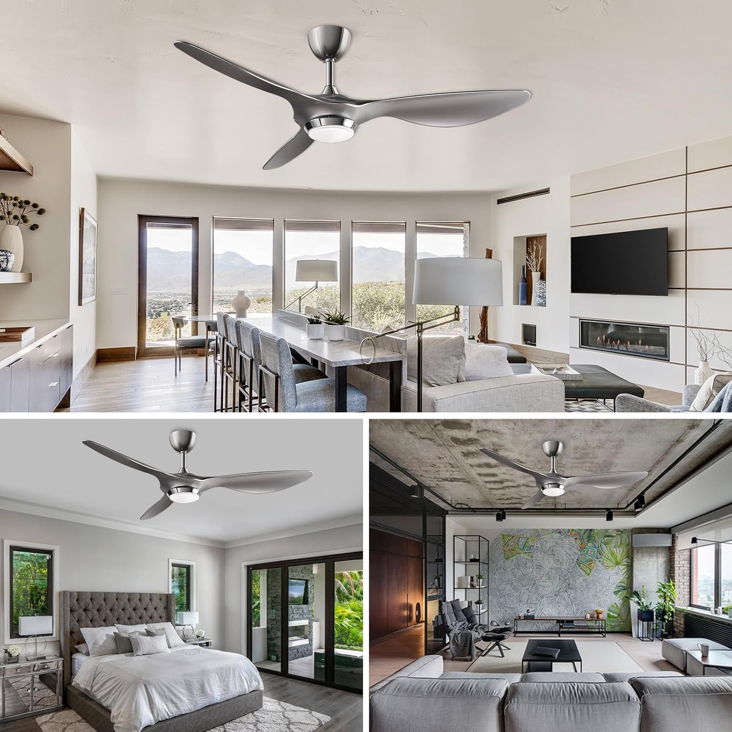 reiga 52 Inch Modern Smart Ceiling Fan with Light and Remote Control, Living Room Bedroom 3 Blade Ceiling Fans with Reversible Quiet DC Motor, Silver