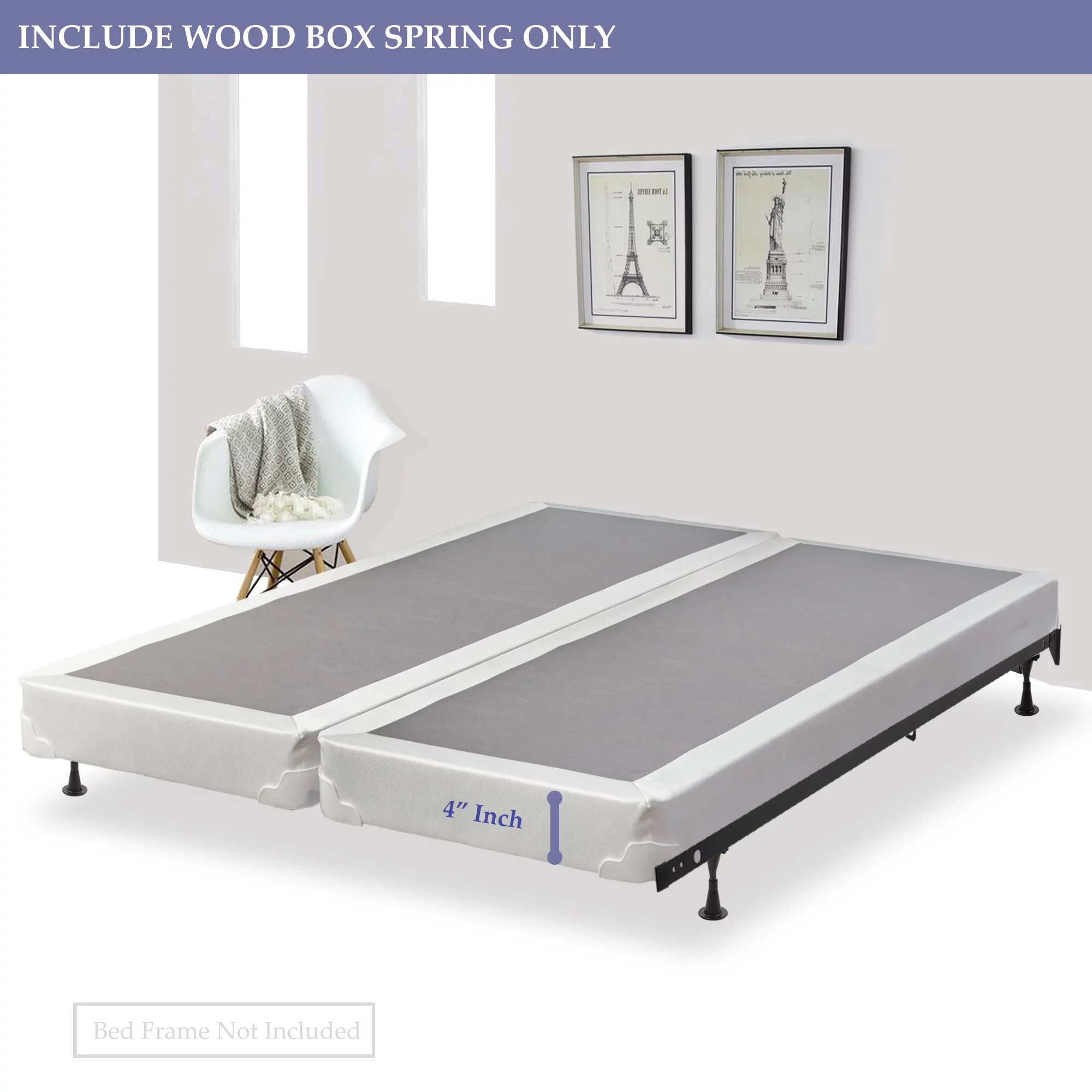 Wayton, 4" Split Sturdy Fully Assembled Wood Box Spring for Mattress, Full, White