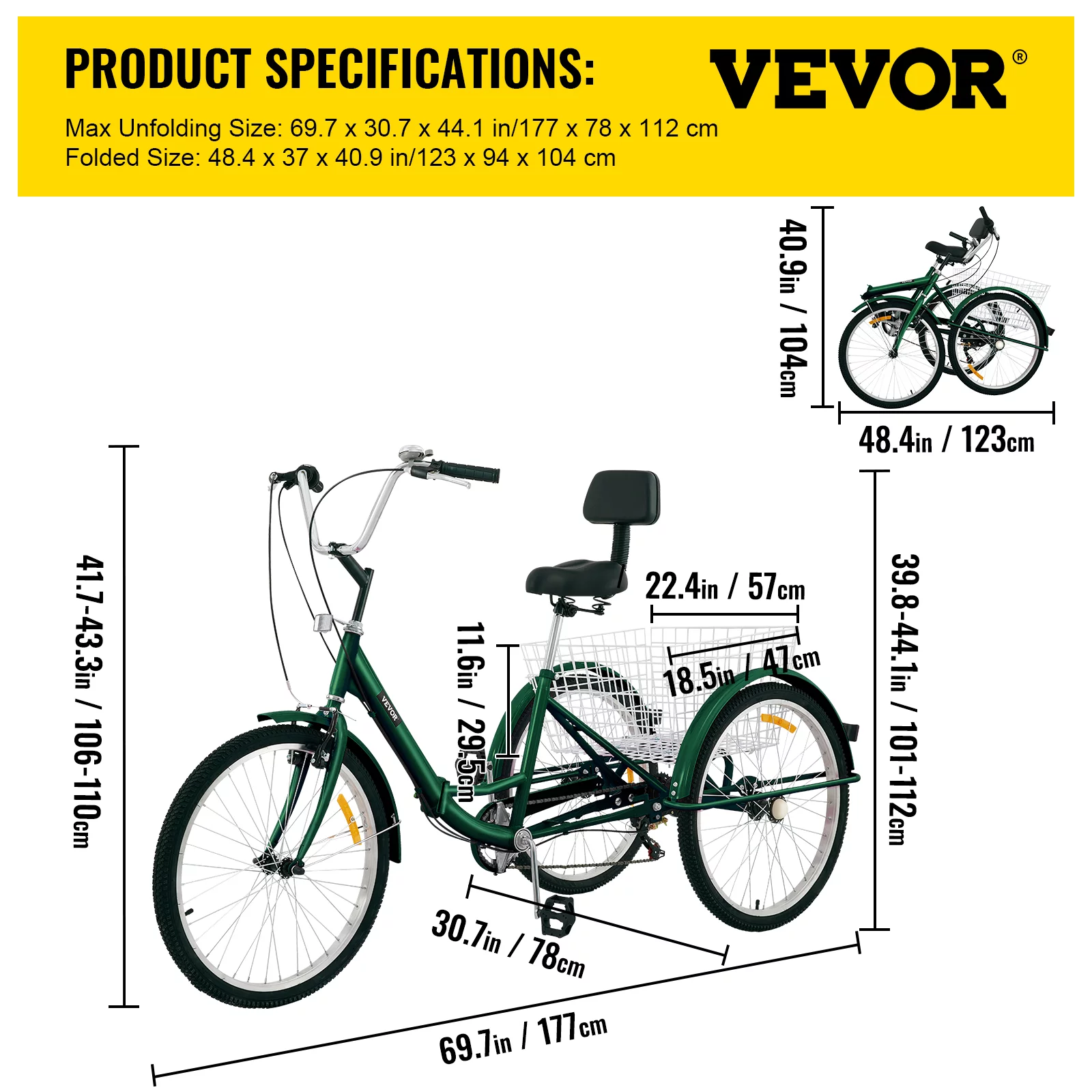 VEVOR Foldable Adult Tricycle 24" Wheels,7-Speed 3 Wheels Trike for Exercise Shopping Picnic Outdoor Activities, Green