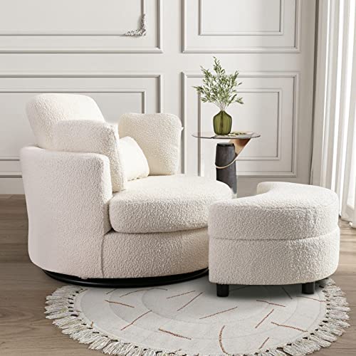 Chair and A Half with Ottoman, 360° Swivel Accent Barrel Chair Modern Comfy Round Reading Sofa Swivel Chairs Circle Lounge Chair for Bedroom Living Room w/4 Pillow Lower Seating Heigh (White, Large)