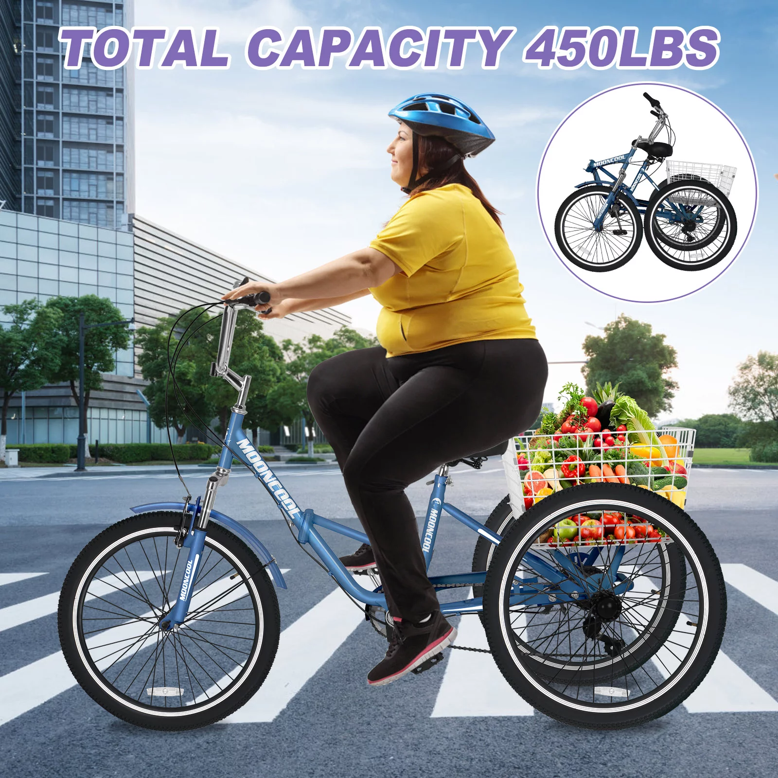 LILYPELLE 24 Adult Tricycle 7 Speed, Three Wheel Bikes for Adults 400lbs,Low-Step Through Trike Cruiser for Exercise Shopping Outdoor Activities,Cyan