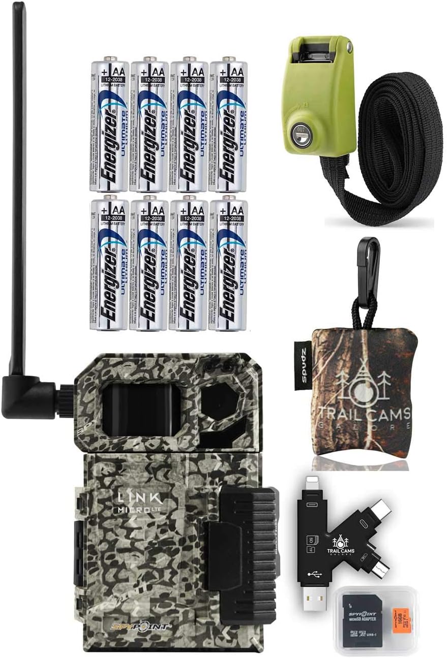SPYPOINT Link-Micro-LTE Cellular Trail Camera with Micro SD Card, Card Reader, Batteries, Reinforced Strap, and Spudz Microfiber Cloth Screen Cleaner (Link-Micro-LTE-V)