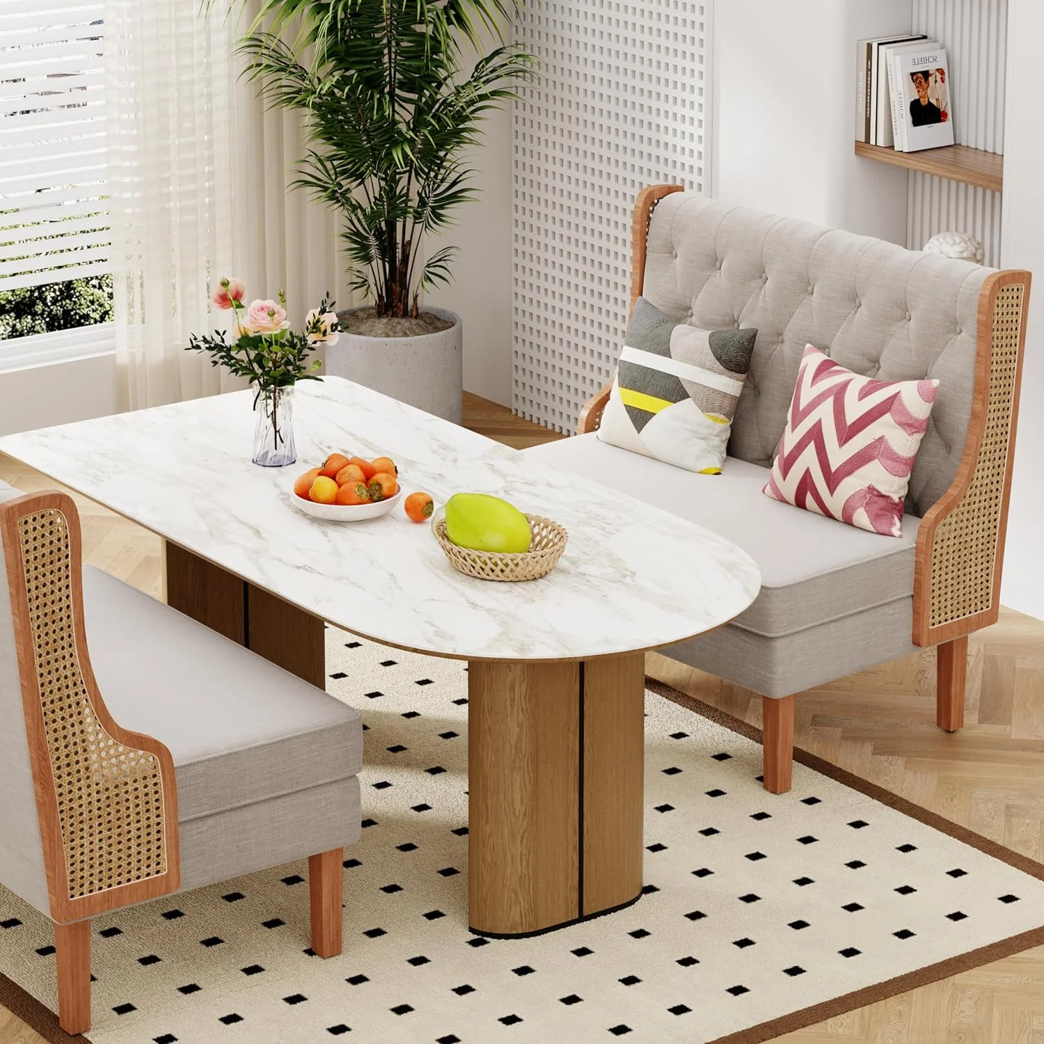Loveseat Settee Bench with Natural Rattan Arms,Upholstered Modern High-Back Mini Sofa Couch,Banquette Dining Bench for Living Dining Room Bedroom Office Small Space Entryway,Light Grey