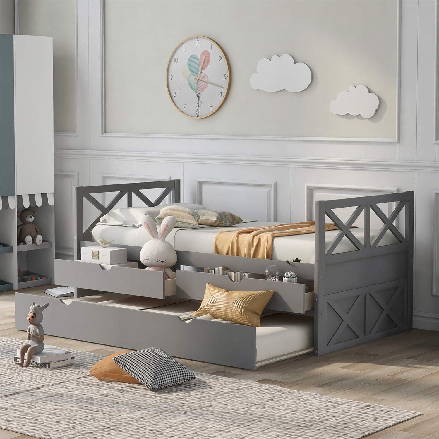 Twin Size Daybed with 2 Large Drawers, Wooden Daybed with X-Shaped Frame, Modern and Rustic Casual Style Daybed (White)