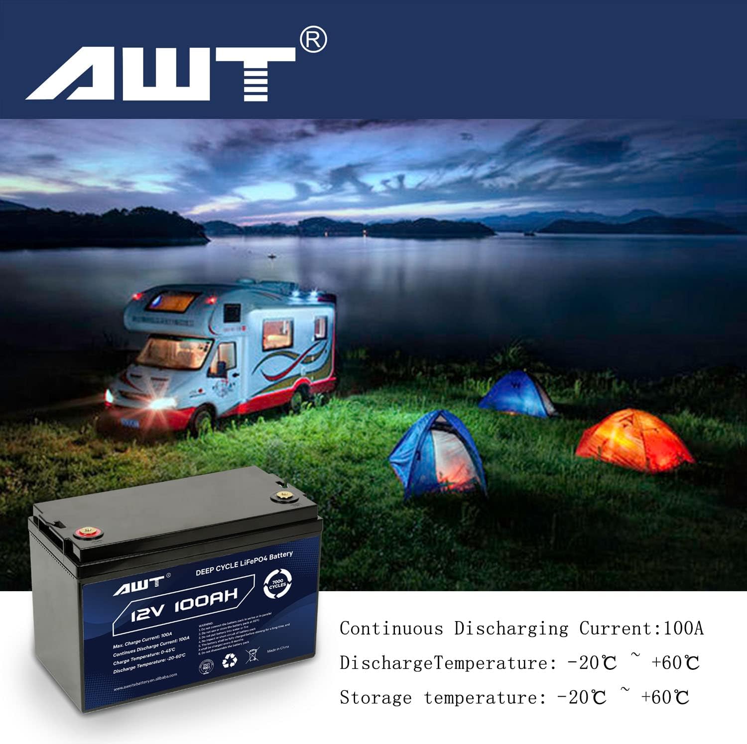 AWT 12V 100Ah Deep Cycle Lithium Battery, 20 Years Service Life (7000+ Cycles), Built-in 100A BMS Rechargeable Lifepo4 Battery for RV, Solar, Marine, Overland, Camping, Off-Grid Applications