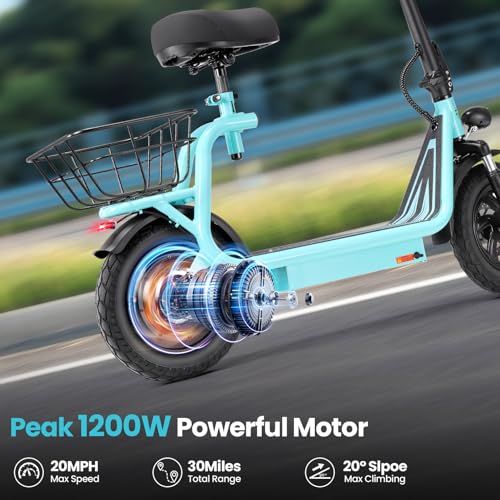 Caroma Electric Scooter with Seat,1200W Peak Motor,LED Display & 3 Speed Modes,30 Miles Max Range,Height Adjustable Seat & Foldable Electric Scooter with Basket,Front Suspension & Storage Hook
