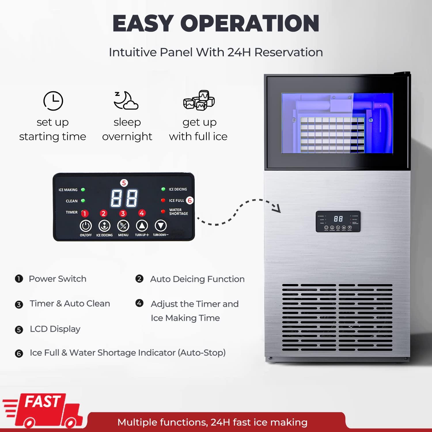 COSTWAY Commercial Ice Maker Machine, 180LBS/24H Stainless Steel Under Counter Freestanding Ice Machine for Restaurant with Self-Cleaning Function, 63 Ice Cube Ready in 13-18 mins, 35 LBS Storage Bin