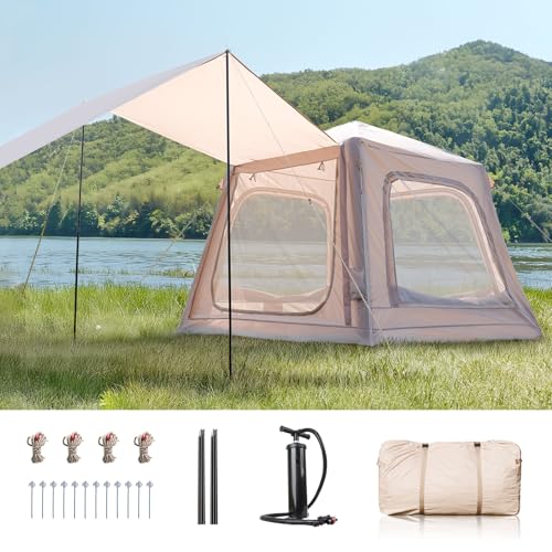 Inflatable Tents for Camping, Blow Up Tent with Hand Pump, Easy Setup Inflatable Hot Tent with Stove Jack, Waterproof Oxford Air Glamping Tents for Camping Adult 4-6 Person