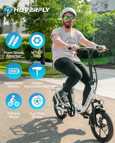 HOVERFLY H3 16" Electric Bike, Max 28Miles Range(Pedal-Assist) Folding E-Bike with Removable Battery, Front Suspension and Commuter Electric Bicycle Adults