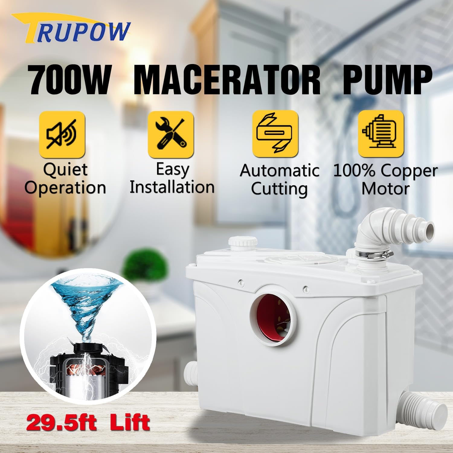 700W 110V Macerator Sewerage Pump with 4 Water Inlets for Upflush Toilet System Waste Water Marine Toilet Bathroom Disposal Laundry