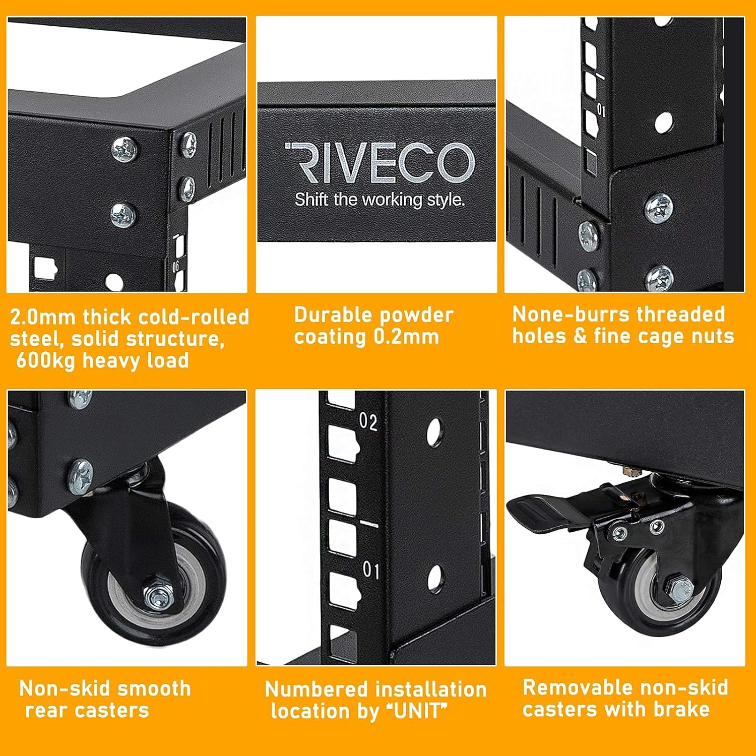 RIVECO 9U Open Frame Server Rack with Casters- Heavy Duty 4 Post Quick Assembly 19-inch, Stereo Rack Network Cabinet Black