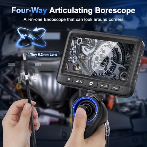 360°Articulating Borescope Camera - JESERAL 5" HD 1080P Inspection Camera Screen with 6 Light, Endoscope with 6.2mm IP67 Waterproof Probe, 3X Zoom 4-Way Borescope with Flexible Cable