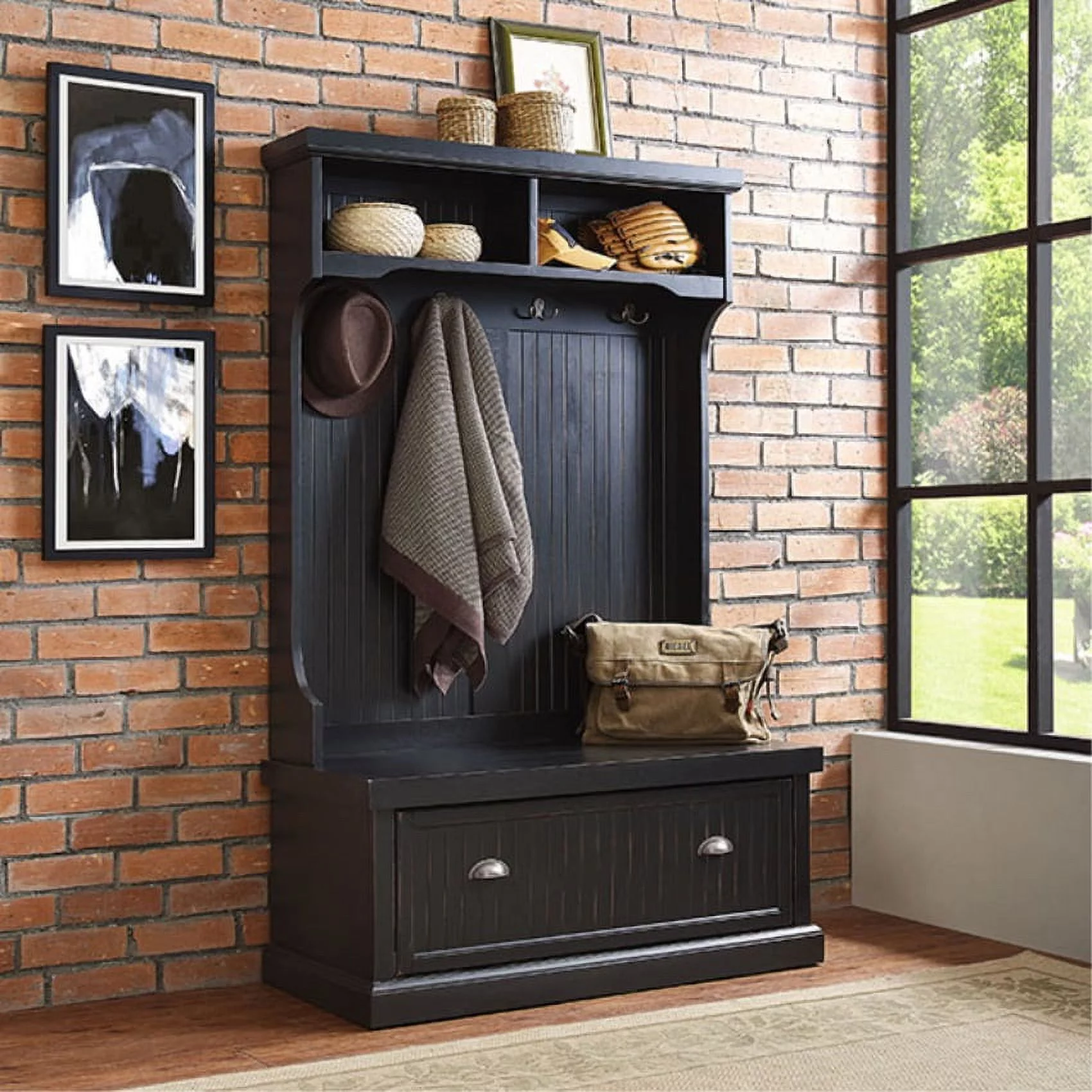 Crosley Furniture Seaside Wood Hall Tree in Distressed  Black