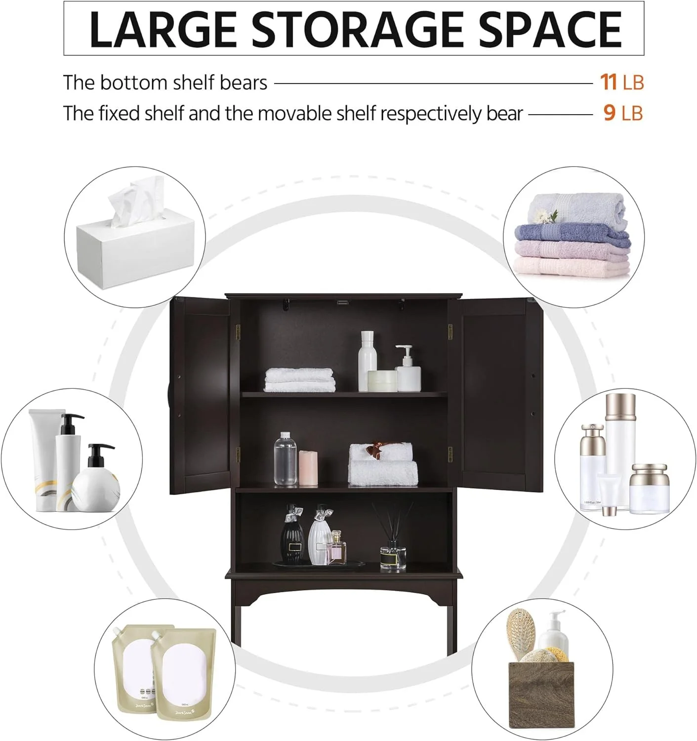 Over The Toilet Storage Cabinet Bathroom Organizer With Adjustable Shelf & Double Doors For Toilet, Home Space-Saving Furniture, L24.5Xw9xh66 Inches, Espresso