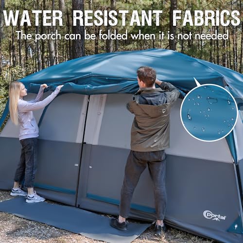 PORTAL 10 Person Camping Tent with Porch, Big Family Cabin Tent with 2 Rooms, 2 Doors, 2 Ground Vents, 6 Large Mesh Windows, Divided Curtain for Camping, Outdoor, Traveling, Water Resistant