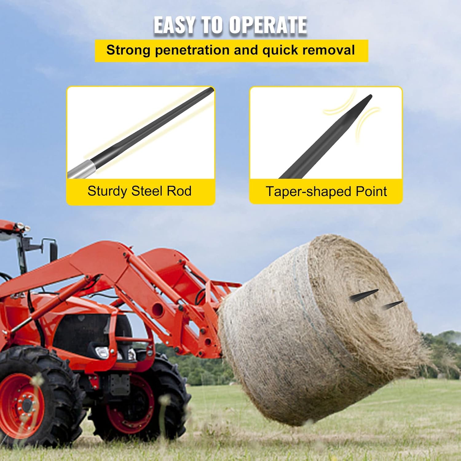 VEVOR Hay Bale Spear 39 inches 3600 lbs Capacity 1 3/4 inches Wide with Nut and Sleeve
