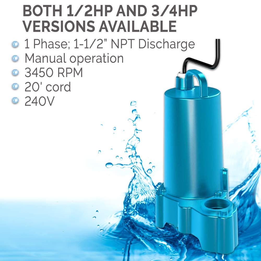 Barnes 119330 Model EP52X Submersible Effluent Pump, 1/2 hp, 240V, 1 Phase, 1-1/2" NPT Discharge, 3450 rpm, Manual, 20' Cord