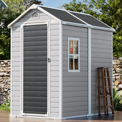 8x6x7 FT Resin Storage Shed, Waterproof Outdoor Storage Shed w/Floor, 2 Windows, Double Lockable Doors & Vents, Tool Shed for Patio Garden, Lawn, Backyard, Dove Grey