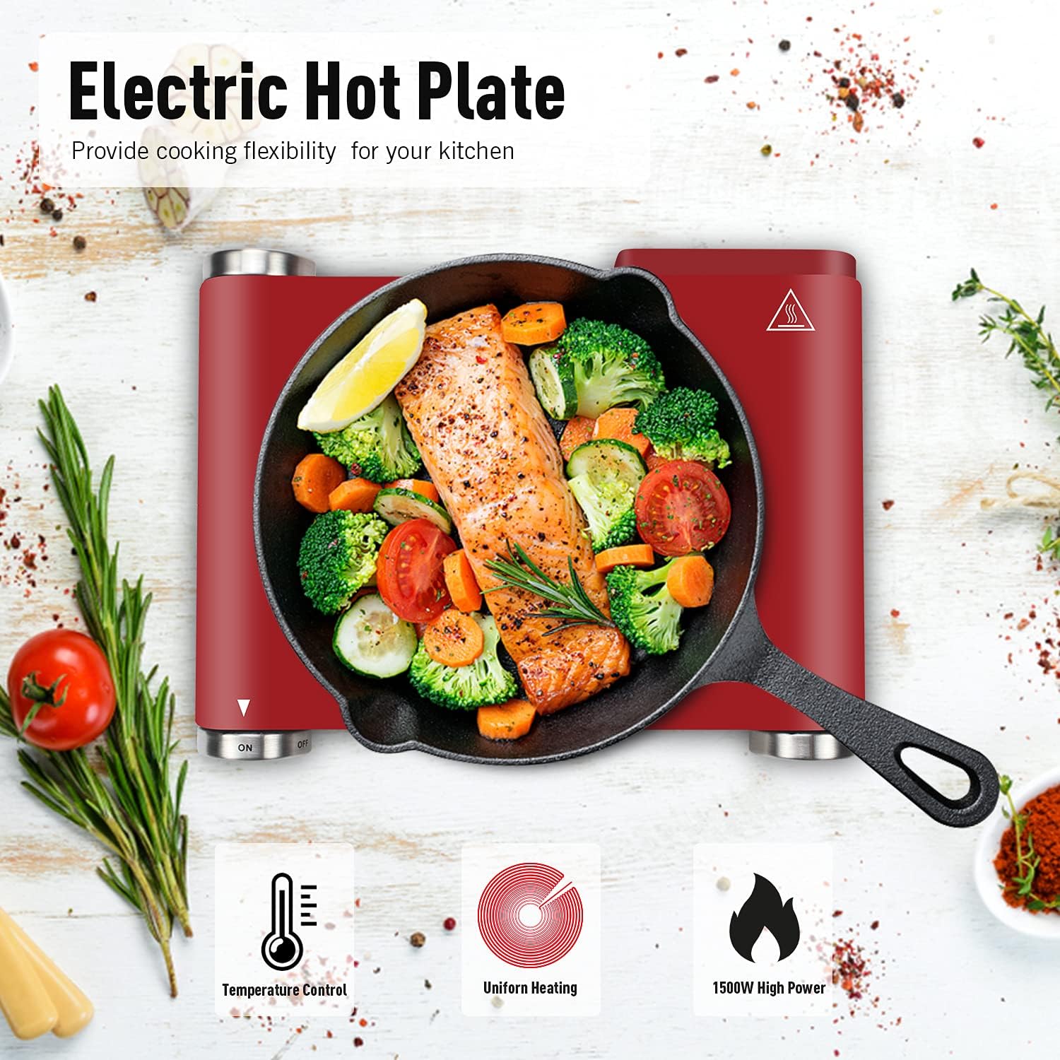 Cusimax Hot Plate Electric Burner Single Burner Cast Iron hot plates for cooking Portable Burner 1500W with Adjustable Temperature Control Stainless Steel Non-Slip Rubber Feet, Upgraded Version