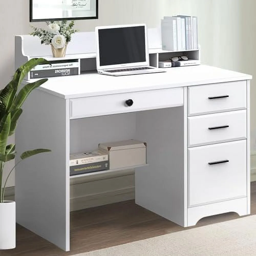White Desk with Drawers  44" Wood Executive Computer Desk for  Office Student Writing Table with 4  Drawers and Hutch  Small Desk with File Drawer for Bedroom  Small Space  White