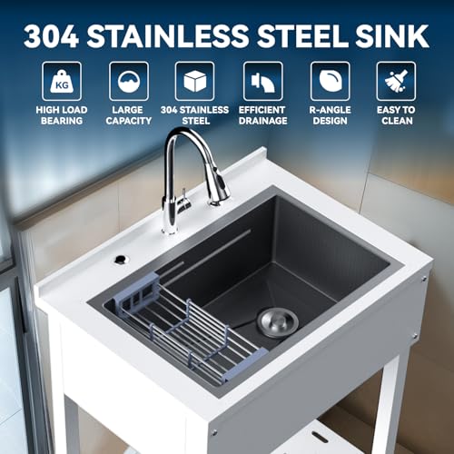 Stainless Steel Utility Sink,24" FreeStanding Laundry&Utility Room Sinks with Cold and Hot Water Faucet,Hoses and Drain Kit Commercial Single Bowl,Laundry Sink for Kitchens, Garage (24x18x36 Black)