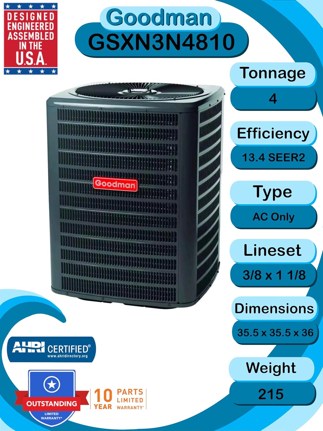Goodman 4 TON 13.4 SEER2 AC Unit (GSXN3N4810) and matching upflow/downflow evaporator (CAPT4961C4)
