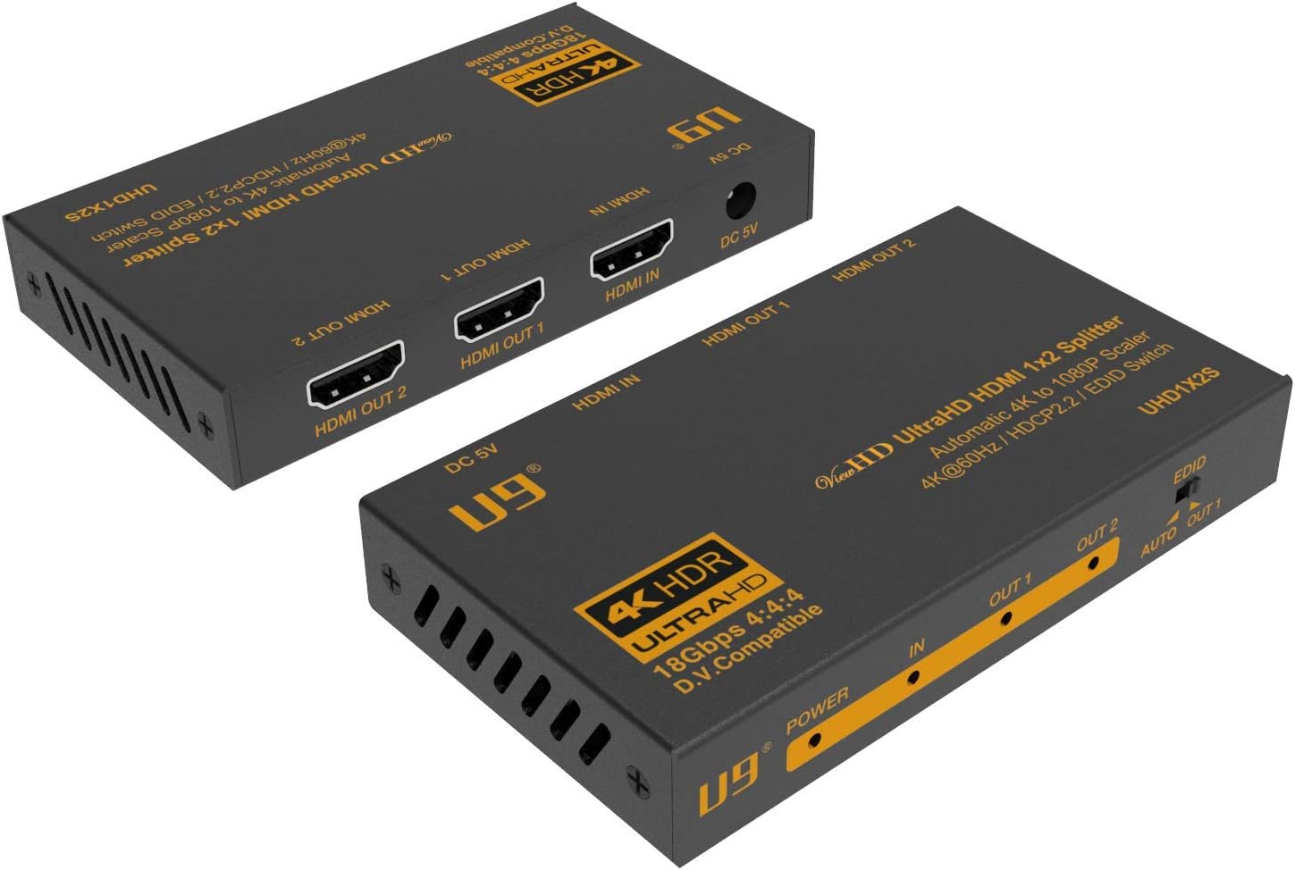 U9 ViewHD HDMI 1x2 Splitter & Audio Extractor | HDMI v2.0 | 4K@60Hz | 4K to 1080P Scaler | HDR & Dolby Vision | 3.5mm / Optical & HDMI Receiver | Best Multi-Functional 1x2 on Earth | Model: UHD1X2SA