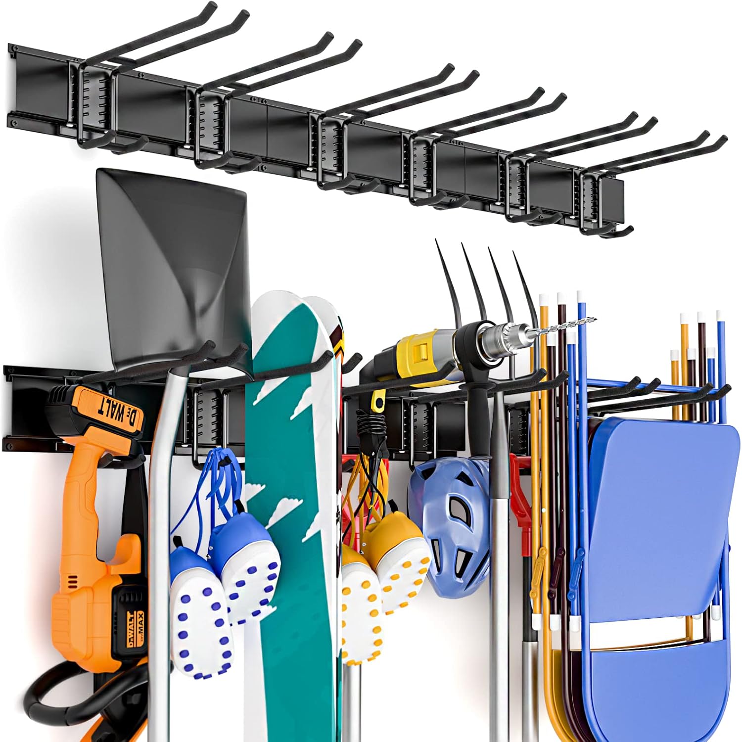 INCLY Garage Storage, Wall Mounted Garden tool Organizer Systems, 48 Inch Heavy Duty Tool Storage Rack for Garage Wall with 6 Adjustable Hooks and 3 Rails Pack of 2