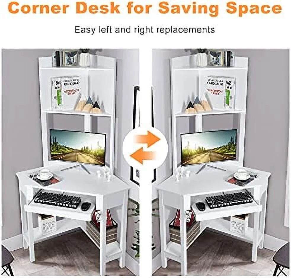 Corner Computer Desk with Hutch  Triangle Corner Desk w/Keyboard Tray and Bookshelves  Corner Writing Desk with  Shelves  Small Corner Desks for Small Spaces (White)