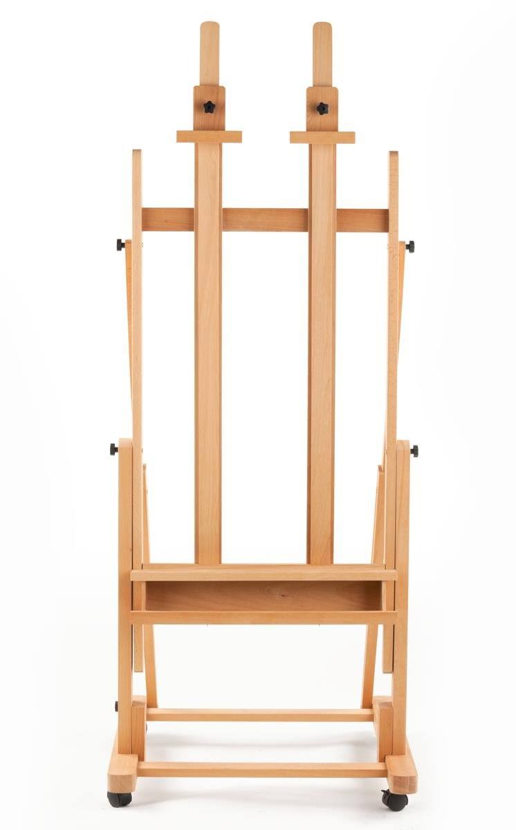 Displays2go Studio Easel for X-Large Canvases, Beech Wood Floor Easel with Locking Wheels, Accessories Tray