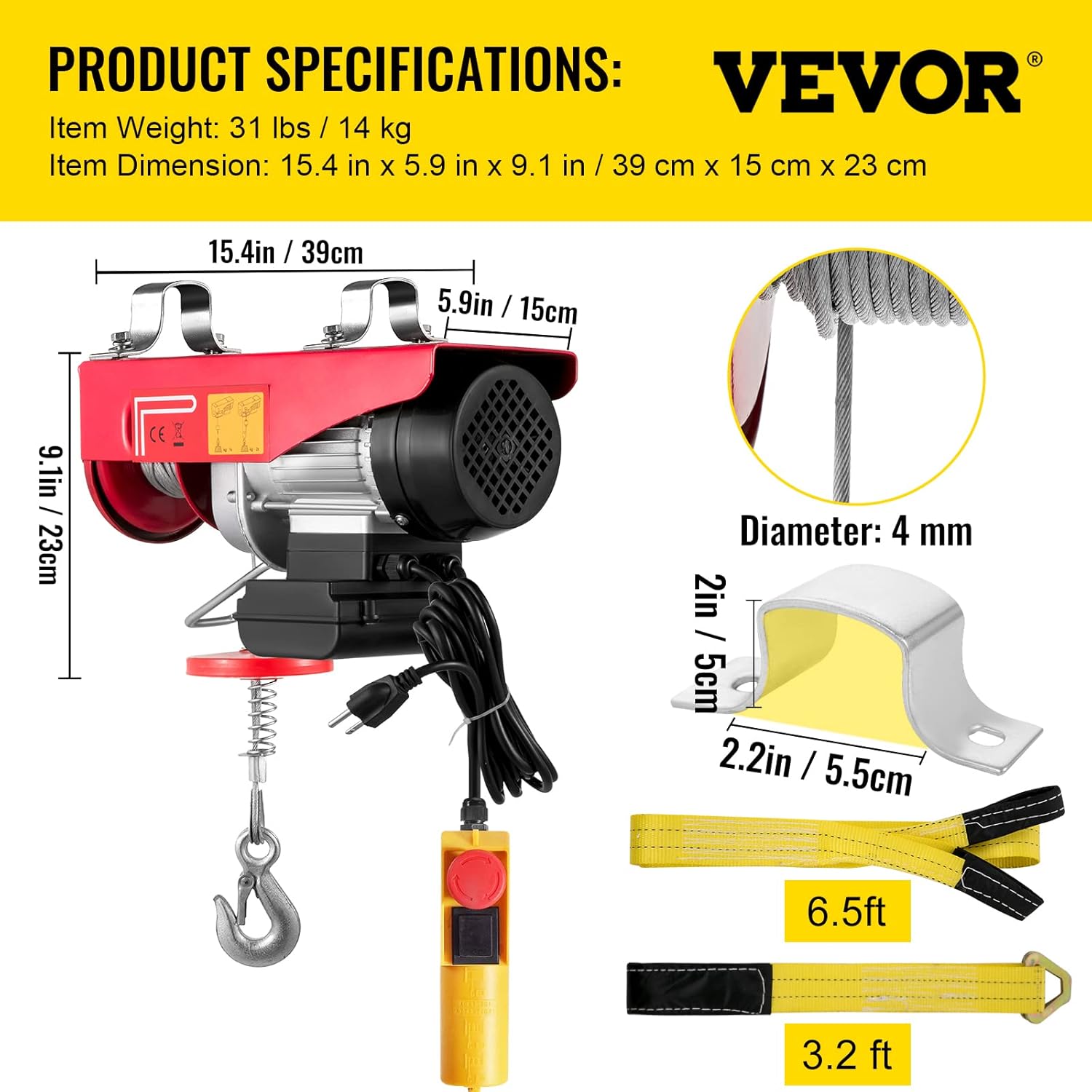VEVOR Electric Hoist, 880LBS Electric Winch, Steel Electric Lift, 110V Electric Hoist with Remote Control & Single/Double Slings for Lifting in Factories, Warehouses, Construction Site, Mine Filed