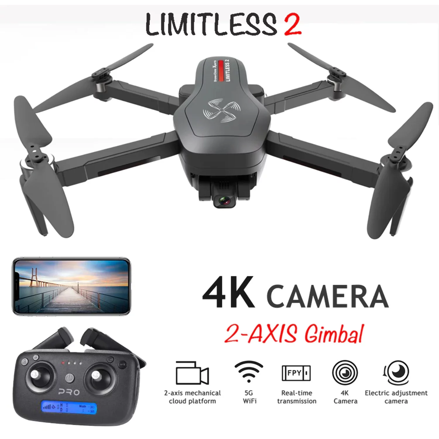 Drone X Pro LIMITLESS 2 GPS 4K UHD 5G WiFi Dual Camera FPV Live Video Follow Me 25min Battery RTH