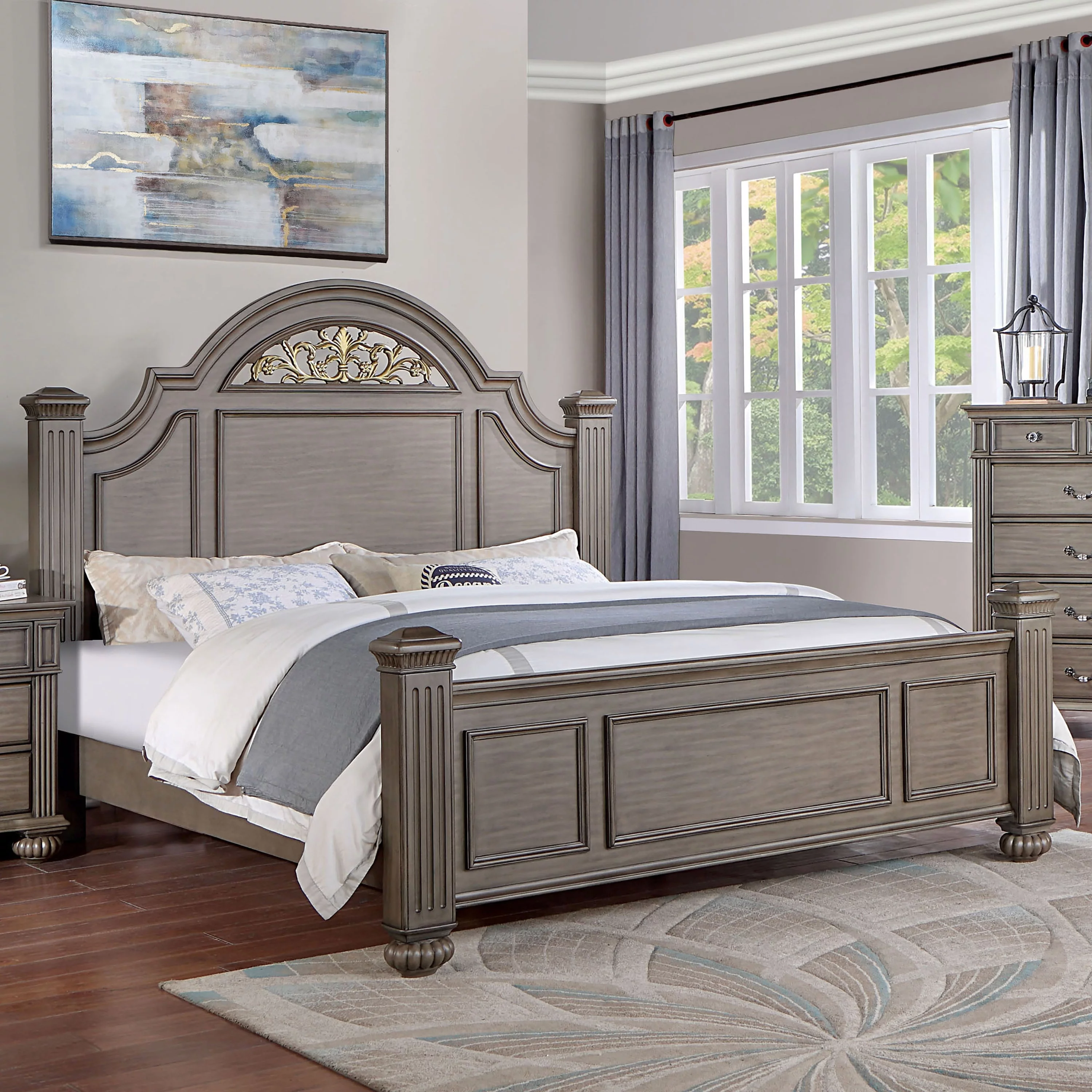 Furniture of America  Vame Traditional Solid Wood Four Poster Bed Dark Walnut King Traditional, Rustic