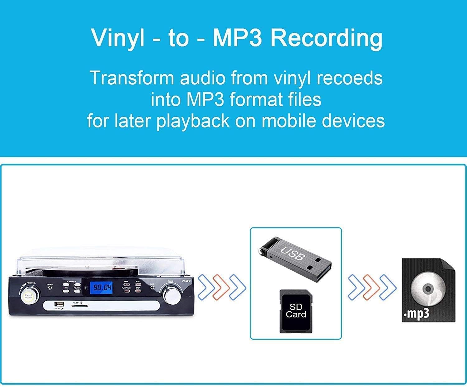 DIGITNOW Bluetooth Record Player with Stereo Speakers, Turntable for Vinyl to MP3 with Cassette Play, AM/FM Radio, Remote Control, USB/SD Encoding, 3.5mm Music Output Jack Pack of 2