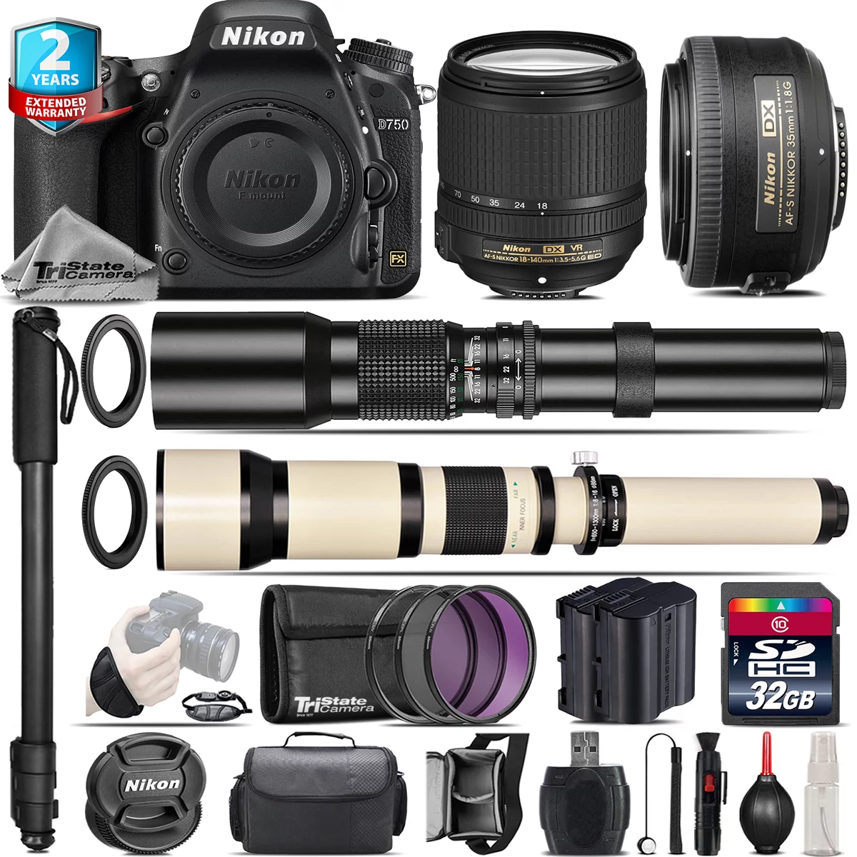 Nikon D750 DSLR Camera + AFS 18-140mm VR + 35mm f/1.8 + 500-1300mm - 32GB Kit - Curated Treasures Market