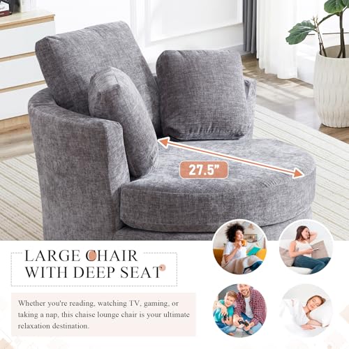 Chair and A Half with Ottoman, 360° Swivel Accent Barrel Chair Modern Comfy Round Reading Sofa Swivel Chairs Circle Lounge Chair for Bedroom Living Room w/4 Pillow Lower Seating Heigh (White, Large)