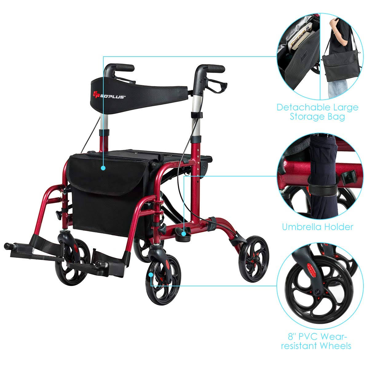 Aluminum Adjustable Folding Handle Medical Walker Rollator Red