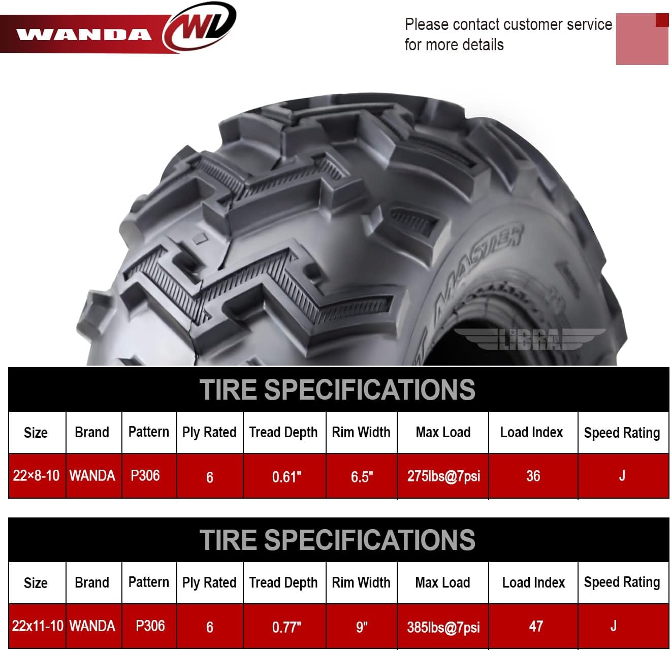 Set of 4 WANDA ATV UTV Tires 22x8-10 Front & 22x11-10 Rear 6 Ply Rated