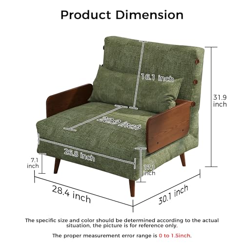 3-in-1 Convertible Chair Bed Sleeper for Adults, Linen Convertable Sleeper Chair with Wooden Arms & Pillows, Foldable Single Futon Sofa Bed (Mid Century with Walnut Arm, 36.6" Wide)