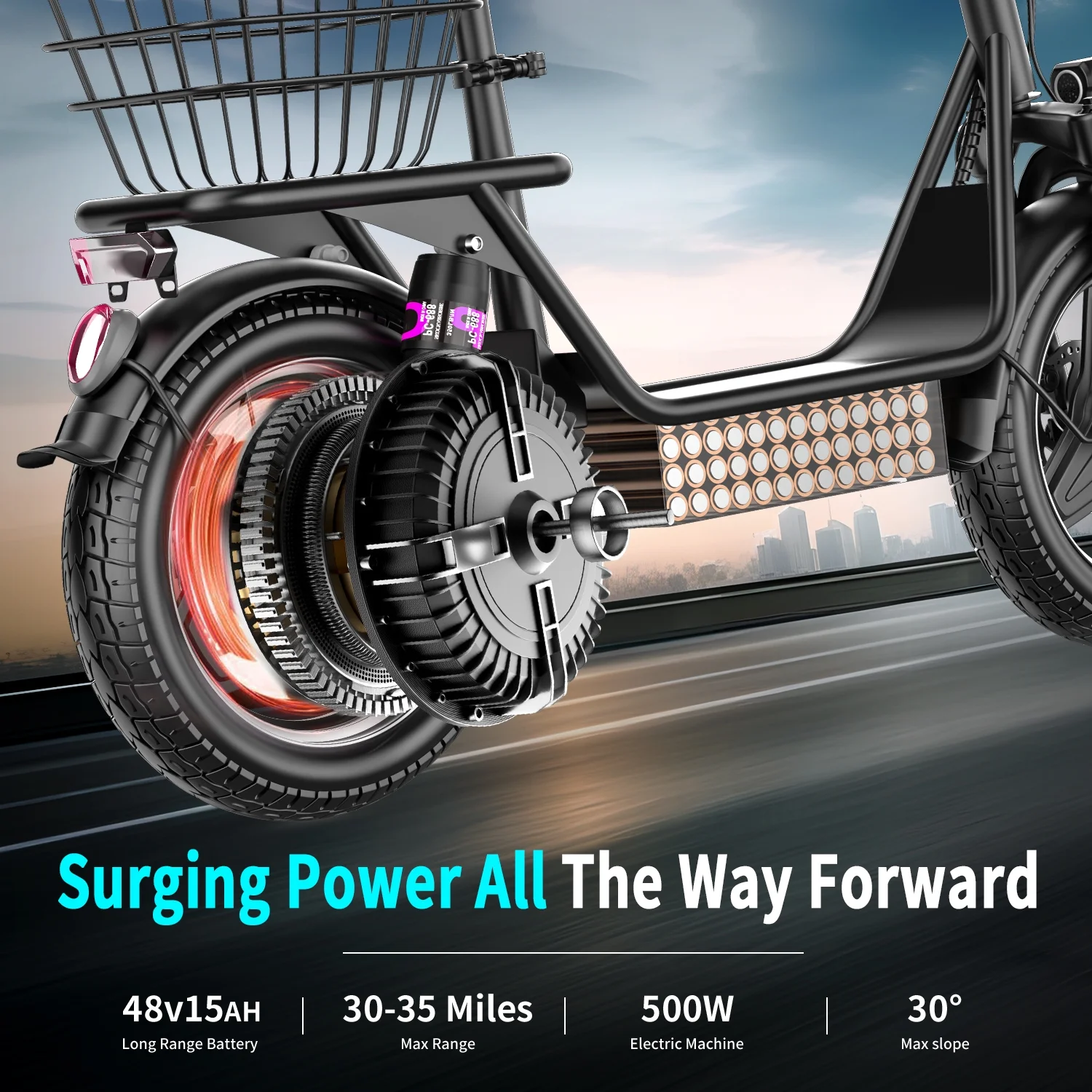 K10 Electric Scooter with Seat, 650W Peak Motor, 14" Tire, 48V 15AH Electric Scooter Adults, 25MPH 30Miles Range Folding E Scooter for Adults Commuting Travel (with Rear Basket)