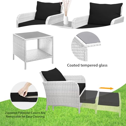 LEVELEVE Balcony Furniture 5 Piece Patio Conversation Set, PE Wicker Rattan Outdoor Lounge Chairs with Soft Cushions 2 Ottoman&Glass Table for Porch, Lawn-Brown Wicker