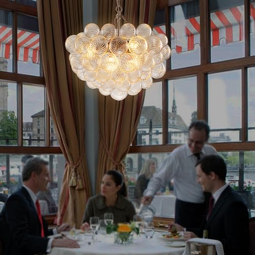 Longree Bubble Glass Globe Chandelier Swirled Ribbed Clear Blown Glass Ball Chandeliers Art Cluster Pendant Lights Dining Table Lighting Fixture for Living Room Bathroom Kitchen Entryway Foyer Bedroom