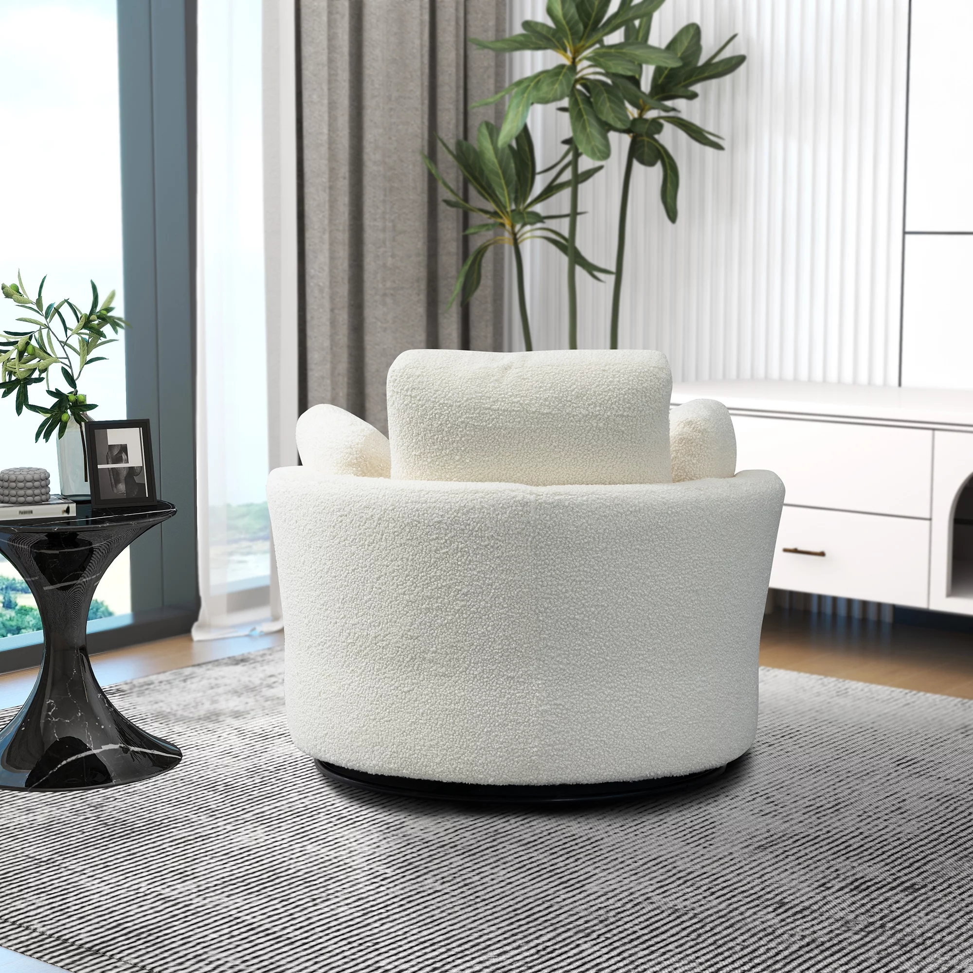 42.2"W Swivel Accent Barrel Chair And Half Swivel Sofa With 3 Pillows 360 Degree Swivel Round Sofa Modern Oversized Arm Chair Cozy Club Chair For Bedroom Living Room Lounge Hotel, Ivory Boucle