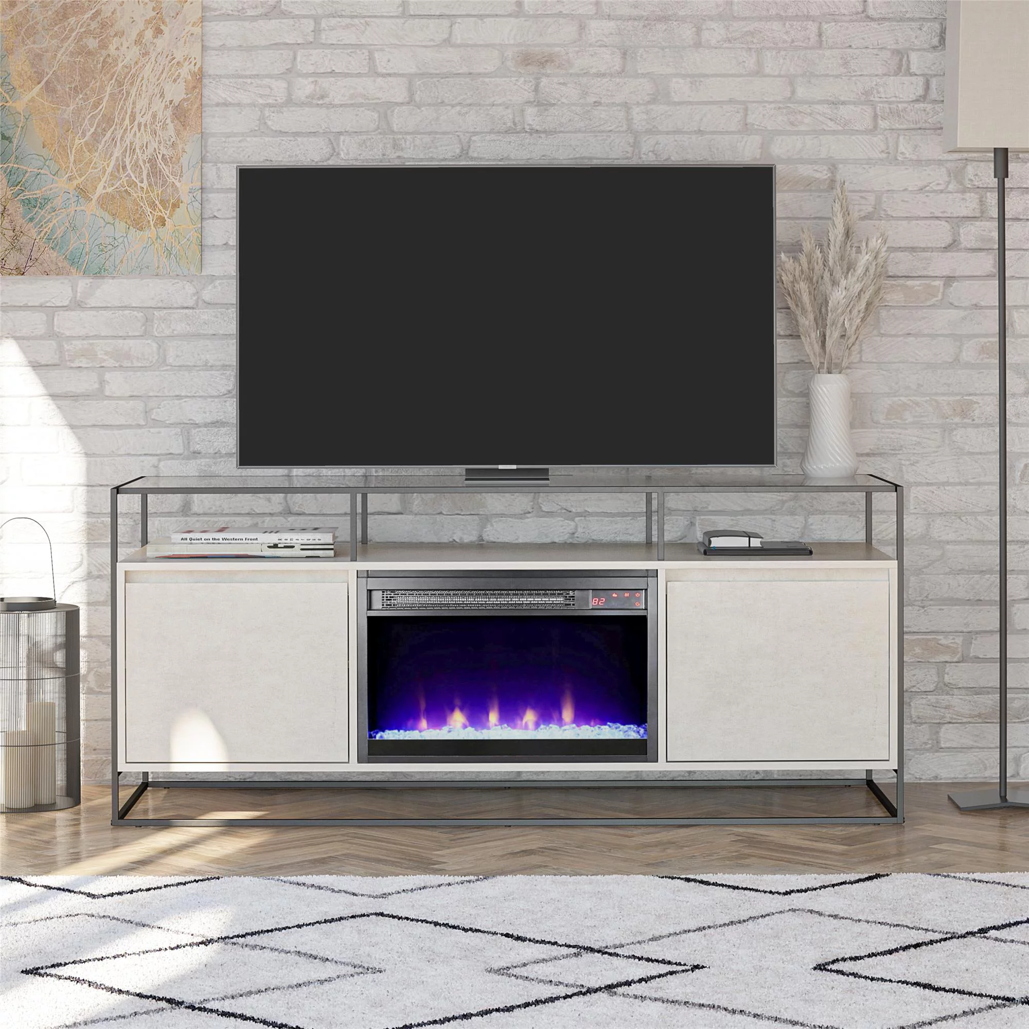 Ameriwood Home Covington Modern TV Stand and Console with Electric Fireplace for TVs up to 65", Plaster