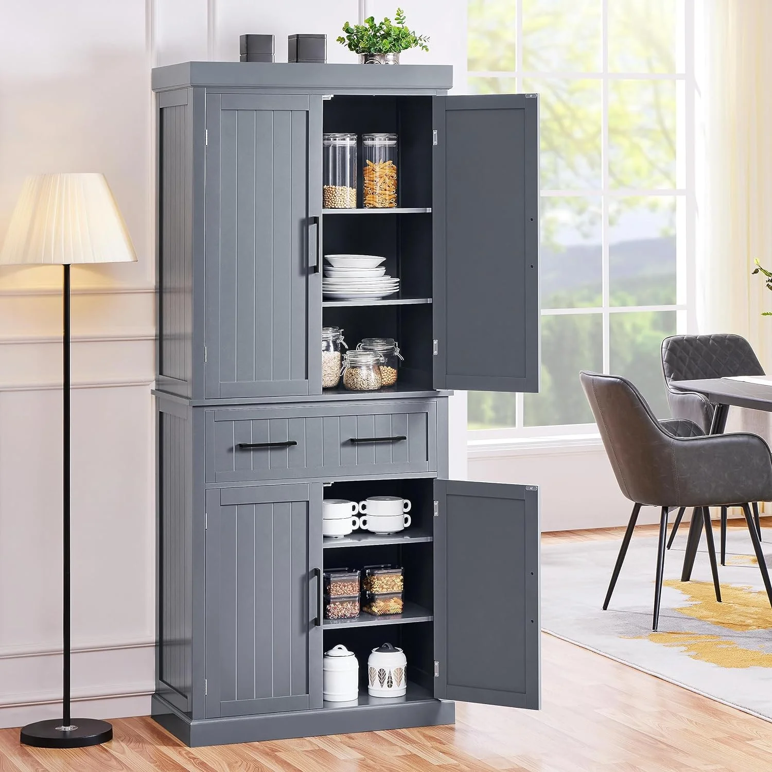 72.5" Kitchen Pantry Storage Cabinet with Drawer, Freestanding Pantry Cupboard with Doors and 2 Adjustable Shelves, Modern Utility Pantry Cabinet for Dinning Room, Living Room, White