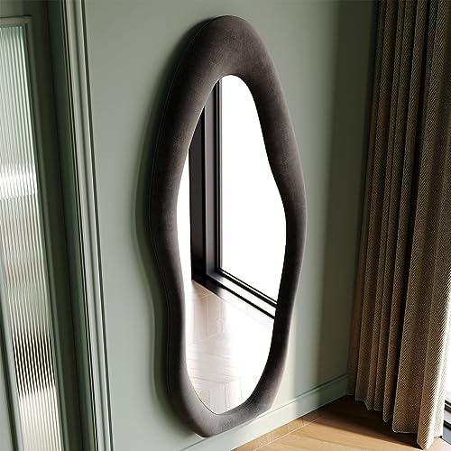 Honyee Full Length Mirror, 63" x 24" Wall Mirror, Flannel Wrapped Wooden Frame Floor Mirror, Irregular Wavy Mirror Hanging or Leaning Against Wall for Cloakroom/Bedroom/Living Room, Milk Tea