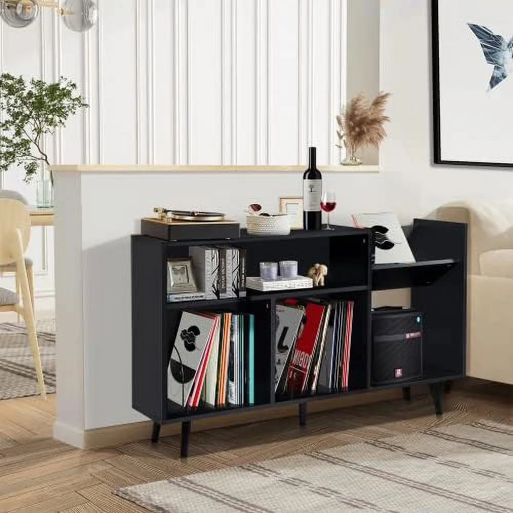 TJUNBOLIFE Record Player Stand  Mid-Century Modern Vinyl Record  Cabinet Table with Wood Legs  Turntable Stand Record Holder Holds Up to 300 Albums for Living Room  Bedroom (Black)