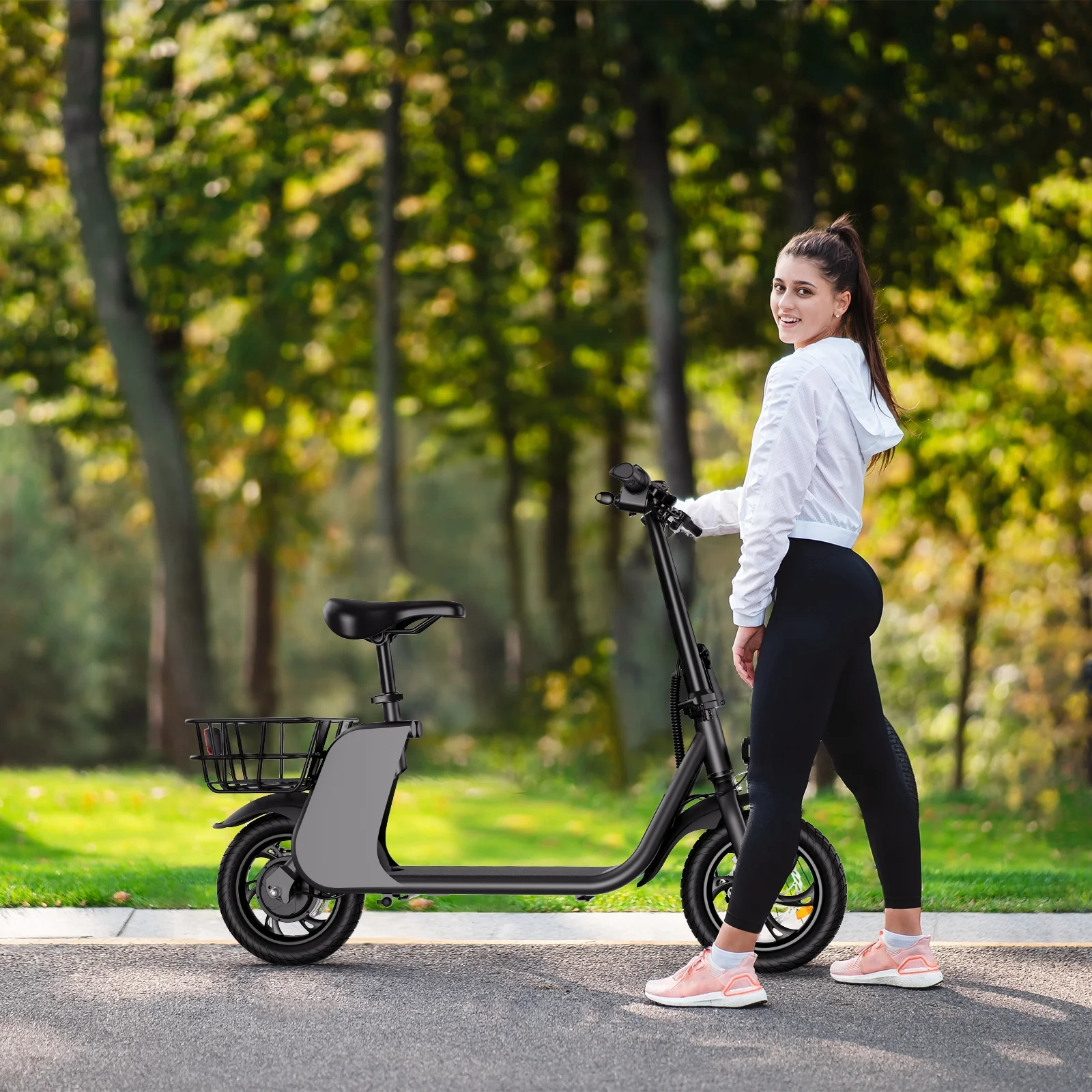 Windhorse C2 Urban Cruiser  450W Brushless Motor - Foldable Electric Scooter for Adults with Seat and Carry Basket - 36V Battery - Max Speed 15 mph with Max Load 265lbs - E-Mopeds for Adults (Black)