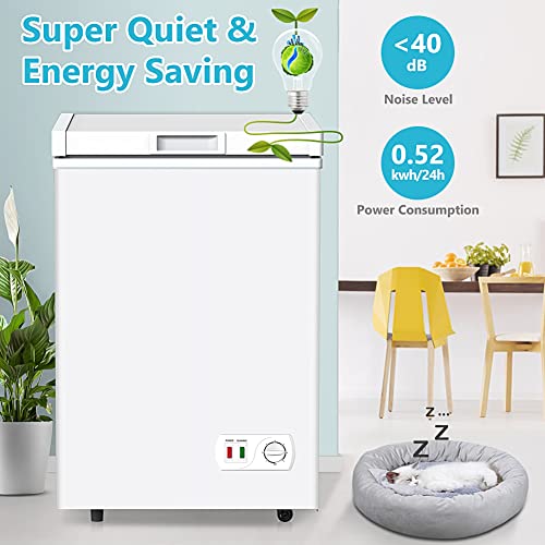 LifePlus Chest Freezer, Small Deep Freezers Top Door with Removable Basket, 7 Temperature Control Energy Saving, Compact Freezer for Home Kitchen Office Dorm Apartment Indoor Use, Grey